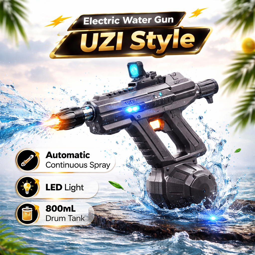 Electric Water Gun UZI Style β Automatic Continuous Spray Water Blaster with Drum Tank - TodsKart