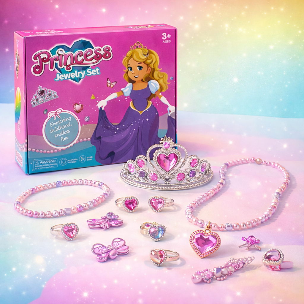 Princess Jewelry Set for Girls – Kids Dress Up Accessories with Tiara, Necklace, Rings & Bracelet | Pretend Play Princess Toy - TodsKart