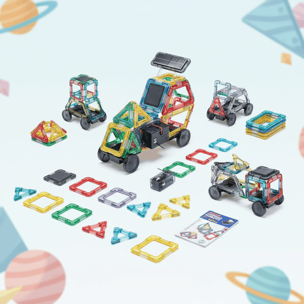 Solar STEM Building Kit – 62+ PCS Changeable Geometry Construction Set with Solar Power Module