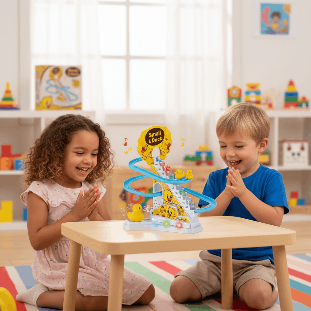 Electric Duck Climbing Stairs Toy – Musical Duck Slide Track with Lights & Escalator for Kids - TodsKart