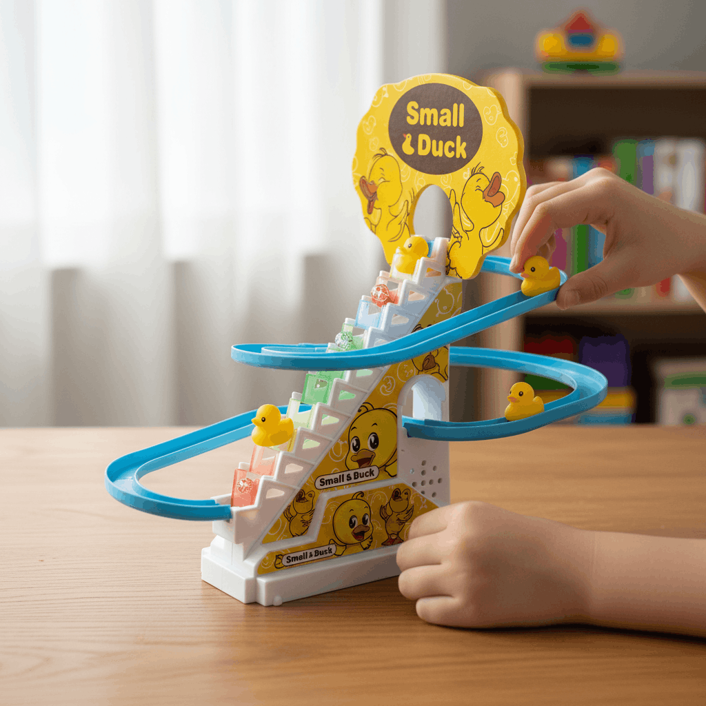 Electric Duck Climbing Stairs Toy – Musical Duck Slide Track with Lights & Escalator for Kids - TodsKart