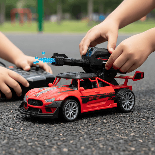 RC Racing Water Bomb Car – 1:20 Scale Remote Control Shooting Car with Water Gel Blaster, Lights & Rechargeable Battery - TodsKart